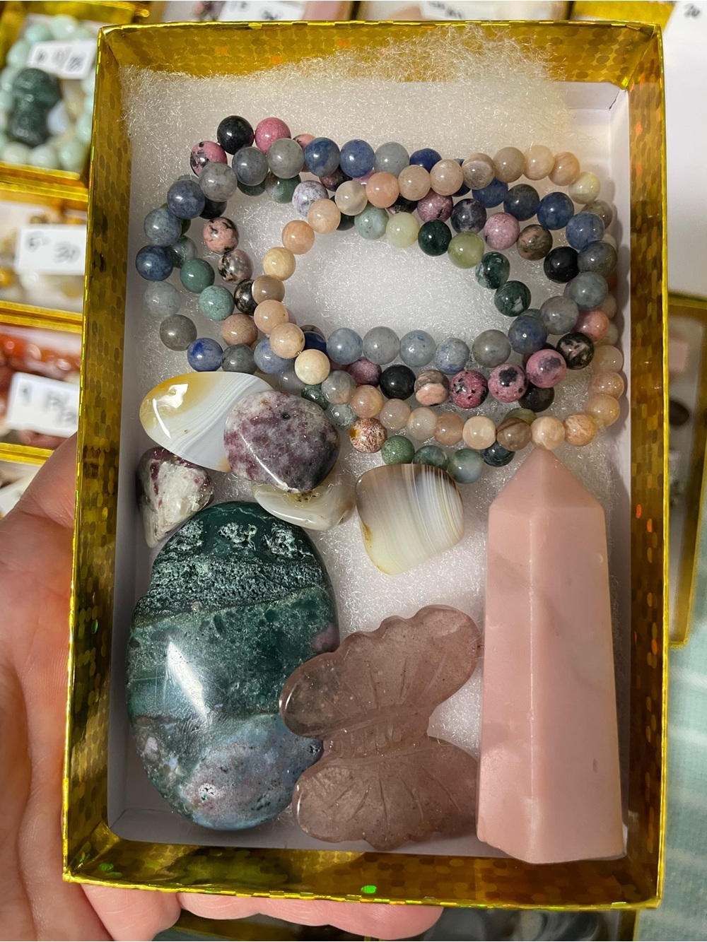 Carved crystals, crystal palm, stone tower, and Kristal bracelet goodie set